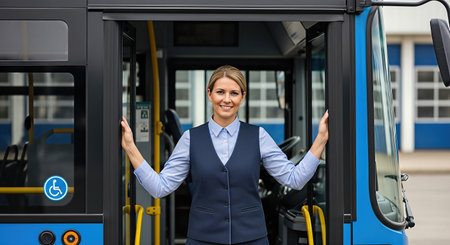Confident female bus driver poses at the entrance of a public transport bus, highlighting her role in ensuring safe and reliable transportation for passengersの素材