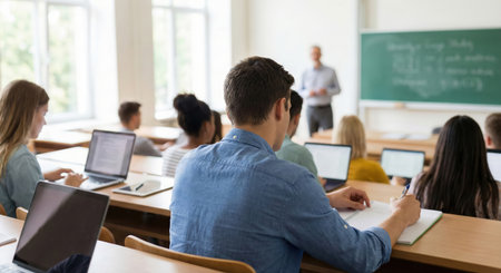 Students are focused on a lecture in a spacious auditorium, with wooden desks and laptops, creating an engaging atmosphere for learning and collaborationの素材