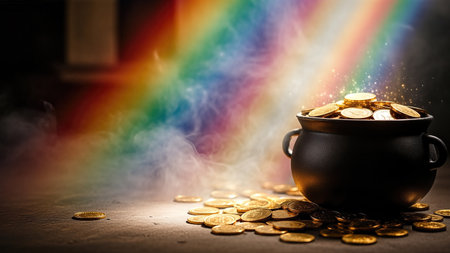 Black pot filled with gold coins, surrounded by scattered coins and a colorful rainbow, evoking a festive and enchanting ambiance for St. Patrick's Dayの素材
