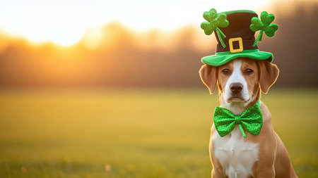Beagle dog dressed in St. Patrick's Day attire, standing in a sunlit field, showcasing festive spirit with green accessories and a joyful atmosphereの素材