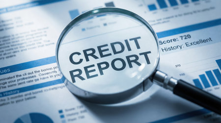 Magnifying glass highlights a credit report filled with financial data and graphs, illustrating the significance of credit history and rating for informed financial decisionsの素材