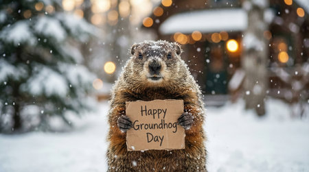 Groundhog stands proudly with a sign that says Happy Groundhog Day, set against a snowy backdrop with soft lights creating a festive atmosphereの素材
