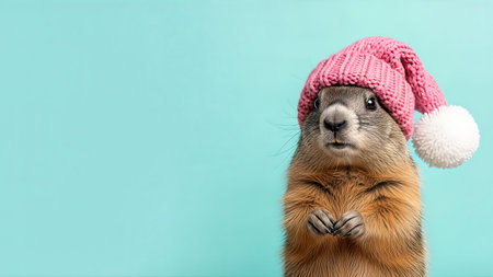 Whimsical groundhog in a pink hat poses against a soft blue backdrop, capturing a playful essence of winter festivities and seasonal charm with a lighthearted vibeの素材