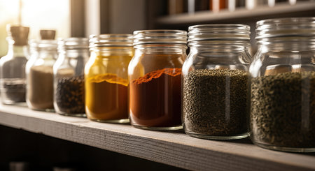 Jars containing colorful spices and herbs are displayed on a rustic wooden shelf, highlighting their rich textures and vibrant hues, ideal for culinary creativityの素材