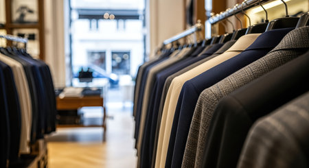 Tailored suits are elegantly displayed on racks in a clothing store, showcasing a variety of colors and textures, creating an inviting shopping experienceの素材