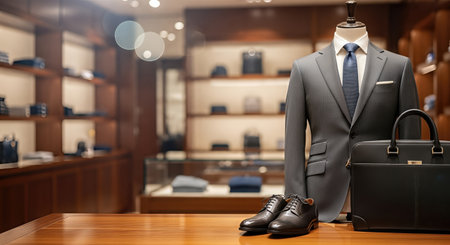 Gray suit on mannequin, accompanied by polished shoes and leather briefcase, in a chic clothing store, highlighting elegance and modern fashion trendsの素材