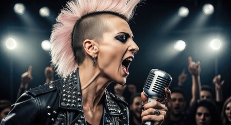 Female vocalist with a vibrant punk hairstyle performs energetically into a microphone on stage, engaging an excited audience, showcasing the thrill of live musicの素材
