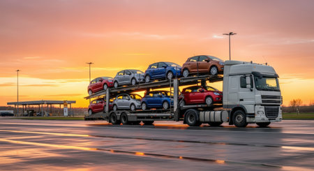 Truck carrying various colorful cars on a trailer, parked on a reflective surface at sunset, highlighting the logistics of cargo transportation and vibrant colorsの素材