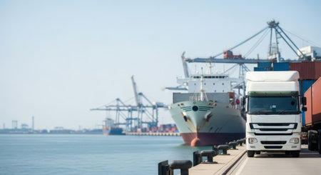 Cargo truck is positioned at a shipping dock, surrounded by cargo containers and a cargo ship, showcasing the logistics and transportation industry in actionの素材
