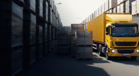 Yellow cargo truck moves through a logistics yard filled with stacked shipping containers, highlighting the dynamic nature of cargo transportation and industrial efficiencyの素材