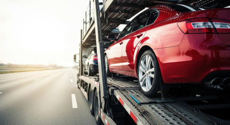 Red sedan is positioned on a car transport truck, with several vehicles secured on the trailer, traveling along a highway, highlighting the logistics of cargo transportationの素材