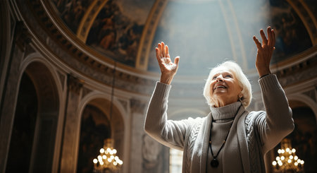 Elderly woman with gray hair is joyfully raising her hands in a grand church, illuminated by soft light, expressing her deep faith and connection to spirituality through prayerの素材