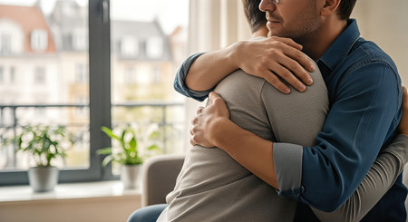 Couple sharing a heartfelt embrace in a cozy indoor space, conveying feelings of apology and forgiveness, with soft light enhancing the emotional connectionの素材