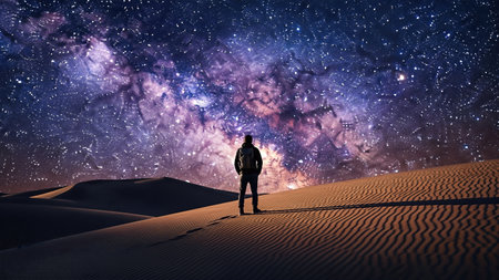 A solitary figure stands on golden sand dunes, gazing at a breathtaking night sky filled with stars and colorful galaxies, inspiring feelings of wonder and explorationの素材
