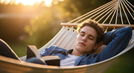 Male reader is enjoying a peaceful moment in a hammock, with soft sunlight filtering through trees, creating a calm and relaxing atmosphere for leisure readingの素材