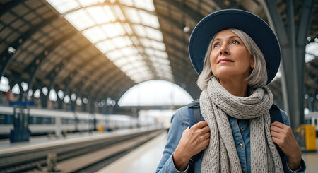Woman with silver hair, wearing a blue hat and scarf, stands at a bustling train station, looking up with a sense of wonder and excitement for her journeyの素材