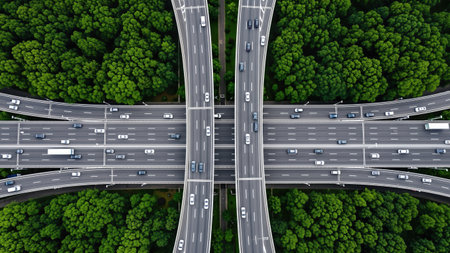 Aerial perspective of a highway interchange with dense traffic, surrounded by vibrant green trees, highlighting the complexities of urban transportation and traffic flowの素材