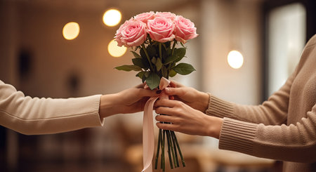 Hands exchanging a beautiful bouquet of pink roses, representing love and connection, in a warm indoor atmosphere, ideal for Valentine's Day moments and romantic giftsの素材
