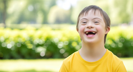 Happy child with Down syndrome, dressed in yellow shirt, enjoys playful moments in a sunny park filled with greenery, highlighting joyful social interactionsの素材
