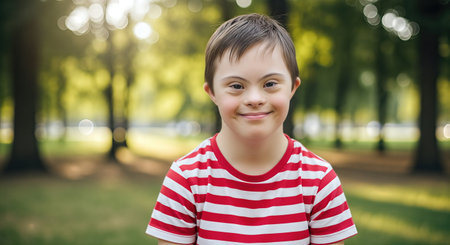 Child with Down syndrome smiles in a vibrant park, surrounded by greenery and sunlight, embodying happiness and social interaction in a joyful atmosphereの素材