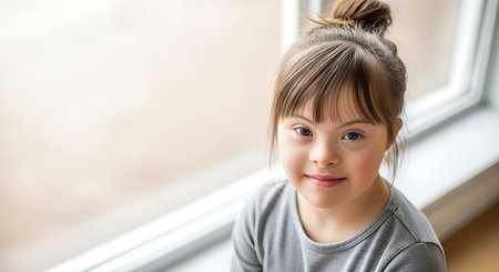 Girl with Down syndrome, sitting by a window, radiating happiness and warmth in a cozy indoor setting, emphasizing socialization and connection among individualsの素材