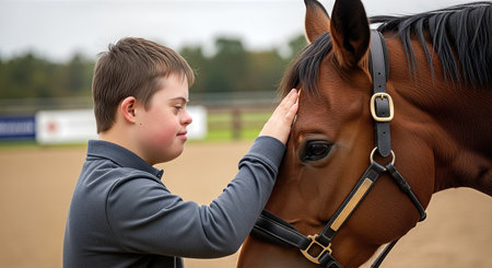Young boy with Down syndrome is interacting with a horse in a serene outdoor environment, highlighting the importance of socialization and emotional connectionの素材
