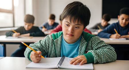 Boy with Down syndrome is engaged in writing in a notebook, surrounded by classmates in a bright classroom, highlighting the importance of socialization and educationの素材