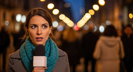 Female reporter holds microphone in a lively city street at night, surrounded by blurred figures and glowing lights, embodying the spirit of journalism and news reportingの素材
