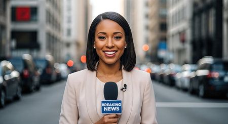Female journalist is reporting live on the street, holding a microphone with a bright smile, surrounded by urban scenery and vehicles, embodying the spirit of news coverageの素材