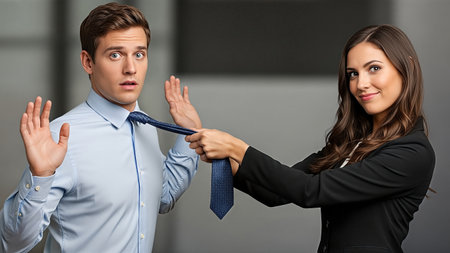 Woman in formal attire playfully tugs on the tie of a surprised man, highlighting a humorous power dynamic in their relationship, set against a neutral backgroundの素材