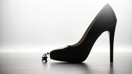 A man kneels next to a large high heel shoe, representing a dominant relationship dynamic, with a minimalist background creating a powerful visual impactの素材