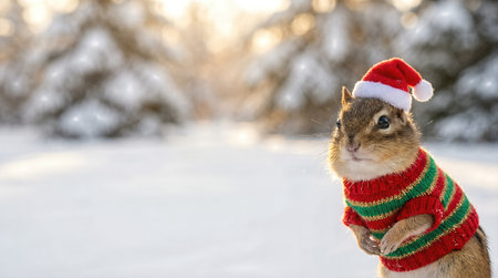 Christmas chipmunk in sweater and Santa hatの素材