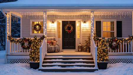 Front porch decorated for Christmas nightの素材