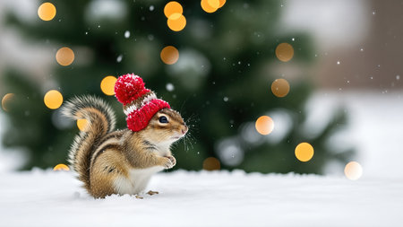 Chipmunk in red winter hat in snowy Christmas sceneの素材
