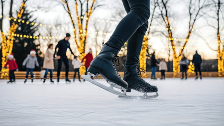 Close-up of black ice skates on festive rinkの素材