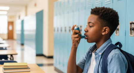 African American boy is using inhaler in school hallway, with blue lockers and desks in background, highlighting the challenges of asthma management in daily lifeの素材