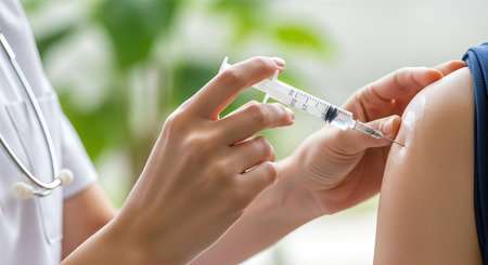 Medical staff member is giving a vaccine injection to a patients arm, emphasizing health and wellness in a calm clinical setting with greenery in the backgroundの素材