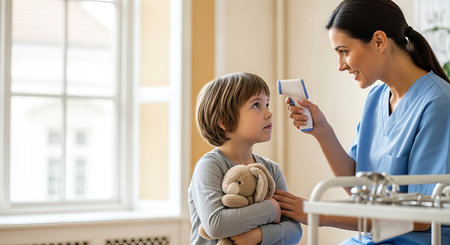 Nurse in blue scrubs is checking the temperature of child with teddy bear in a bright hospital room, showcasing a nurturing environment focused on health and well-beingの素材