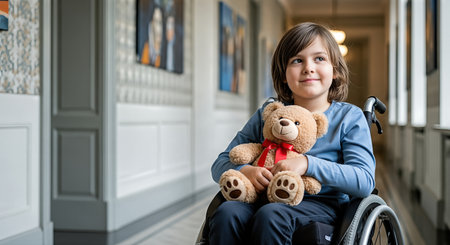 Boy in wheelchair, holding teddy bear, smiles in a well-lit corridor, surrounded by art, representing strength and positivity in overcoming health obstaclesの素材