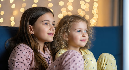 Two girls in colorful pajamas are watching a movie on a couch, illuminated by soft lights, sharing a moment of joy and friendship during their leisure timeの素材