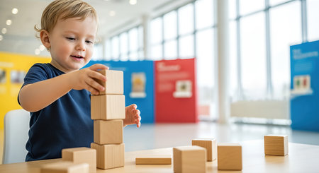 Child joyfully builds a tower with wooden blocks on a table in a vibrant play area, encouraging creativity and imaginative play in a cheerful atmosphereの素材