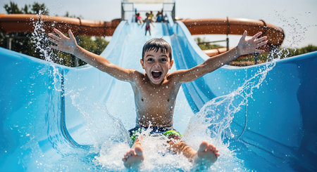 A cheerful young boy slides down a water slide, creating splashes of water, with friends enjoying nearby, embodying the joy of summer leisure and playful momentsの素材
