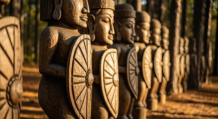 Wooden sculptures of warriors stand in a row, featuring detailed carvings and shields, amidst tall trees in a tranquil forest, embodying cultural significance and spiritual connectionの素材