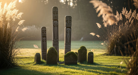 Ancient wooden totem poles rise majestically in a tranquil grassy area, bathed in soft sunlight, symbolizing the deep connection of paganism and polytheism with natureの素材