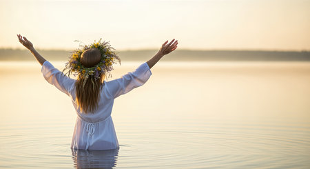 Woman in white dress stands in calm water, arms uplifted, wearing a floral crown, embodying a connection to nature and spiritual celebration in a peaceful settingの素材