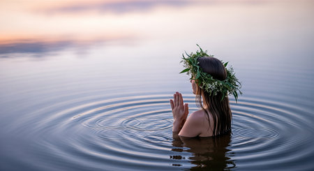 Woman with floral crown kneels in calm water at sunset, hands together in prayer, reflecting a deep spiritual connection with nature and tranquilityの素材