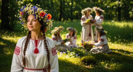 Young woman in traditional dress with floral crown stands in a vibrant forest, while group engages in nature celebration, reflecting ancient pagan customs and harmony with earthの素材