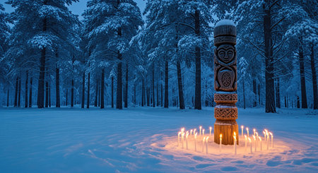 Wooden totem stands in a snowy forest, surrounded by candles, creating a tranquil ambiance that highlights the connection between nature and ancient faith practicesの素材