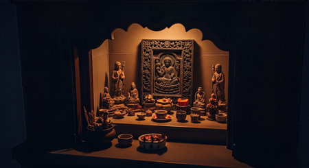 Intricate altar display showcases statues and offerings, softly illuminated to create a serene ambiance, reflecting the deep spirituality and devotion found in paganism and polytheismの素材