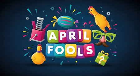 Vibrant April Fool's Day graphic showcases playful elements like a rubber chicken, candy, and glasses, embodying the fun and humor of pranks and jokes in a lively compositionの素材
